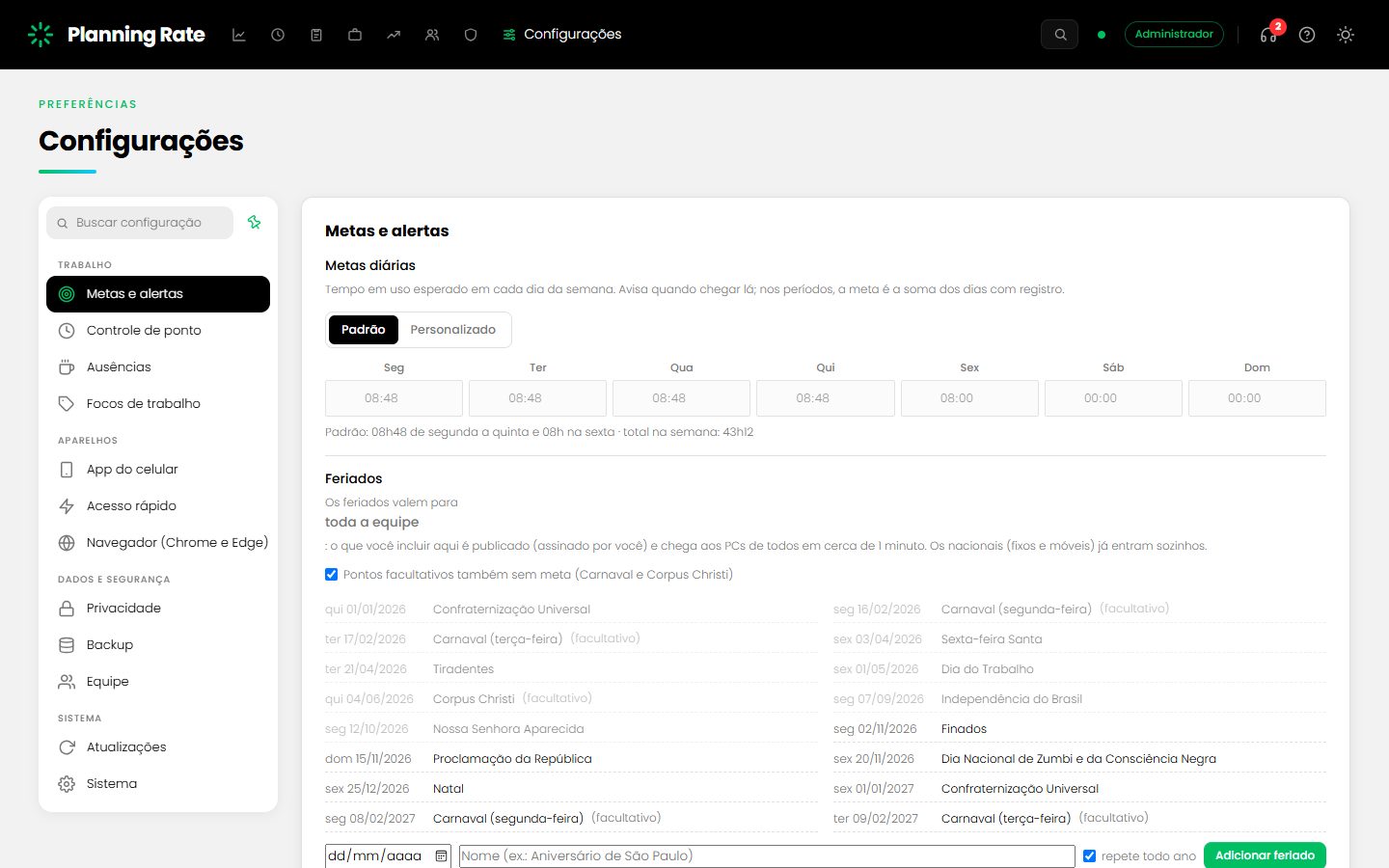 Configurações: Metas e feriados