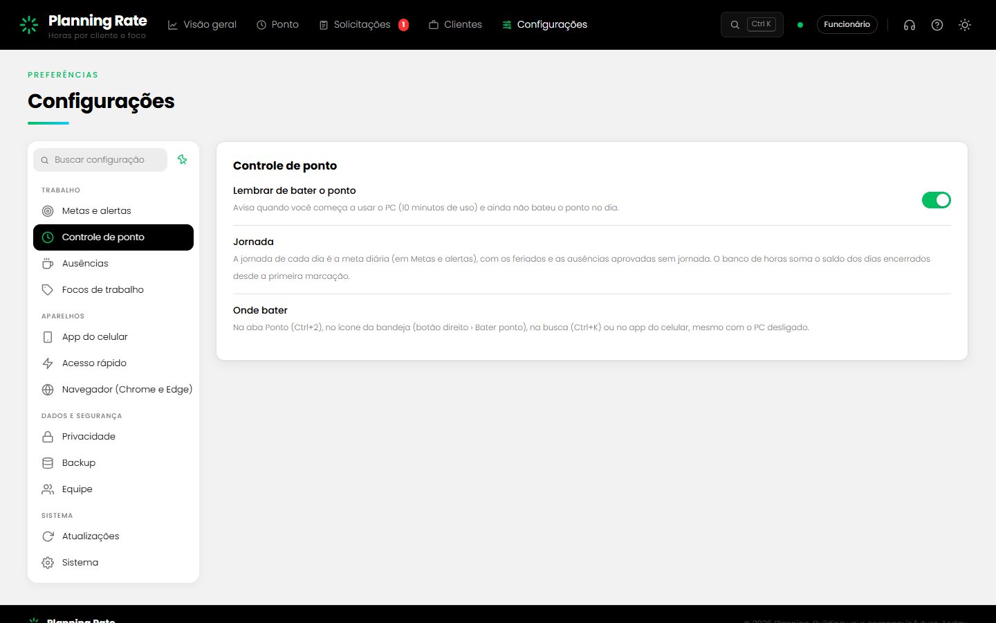 Configurações: Controle de ponto