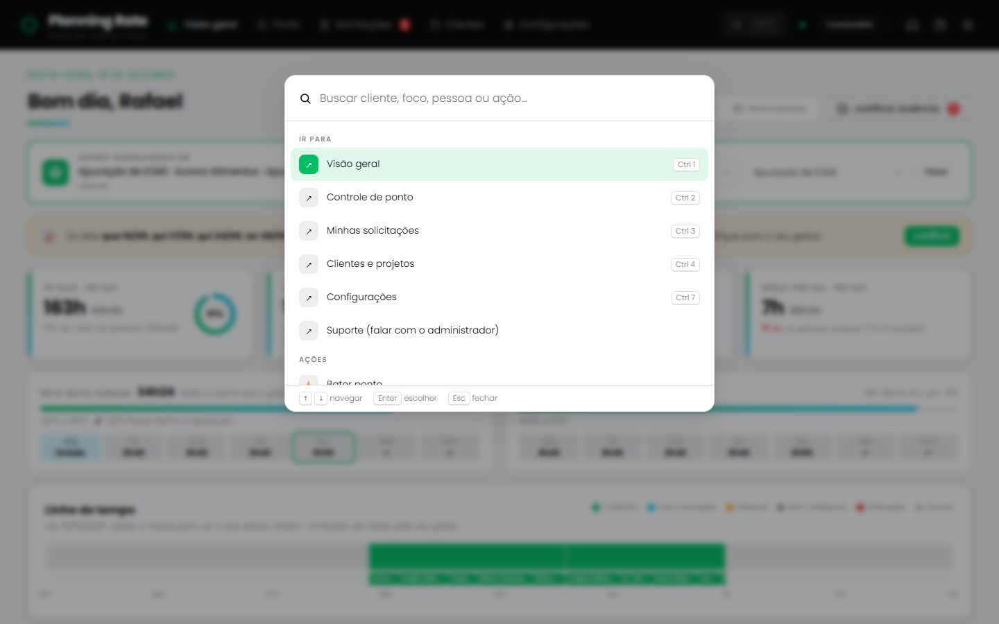 Apontar cliente, projeto e foco: Busca rápida (Ctrl+K)