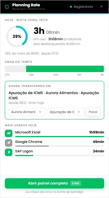 Apontar cliente, projeto e foco: Visão rápida no ícone da bandeja