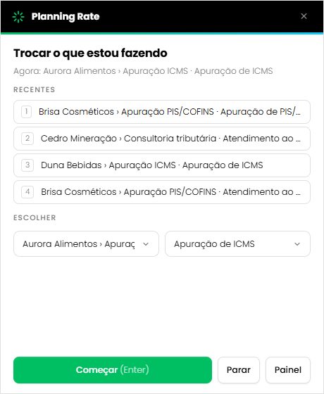 Apontar cliente, projeto e foco: Troca rápida (Ctrl+Alt+F)