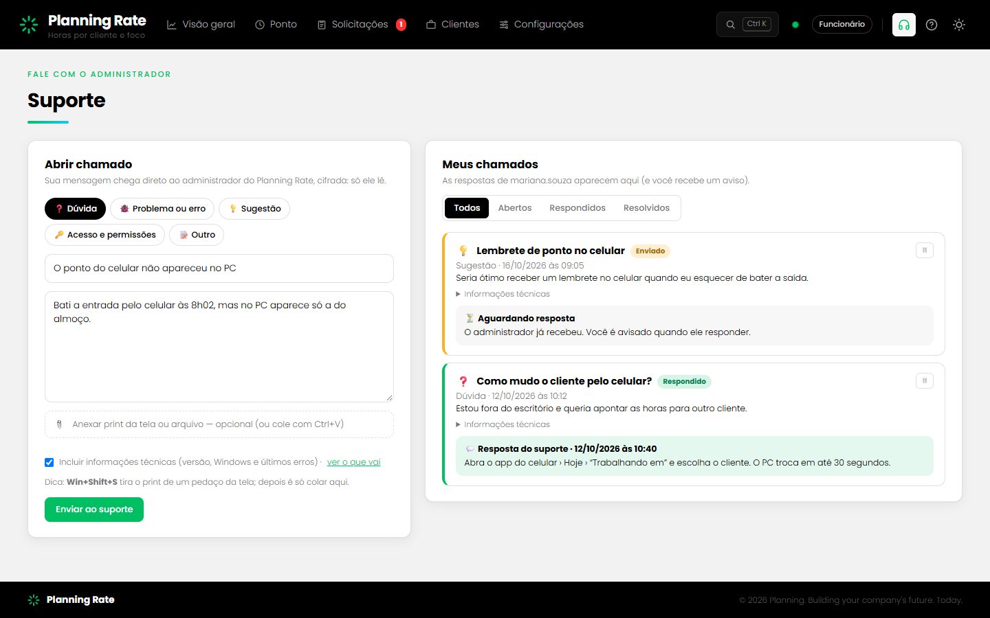 Suporte: Abrir chamado e acompanhar as respostas